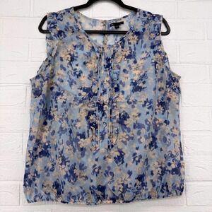GAP Floral Top Womens L Blue Sheer Ruffle Front Sleeveless Blouse Elastic Hem